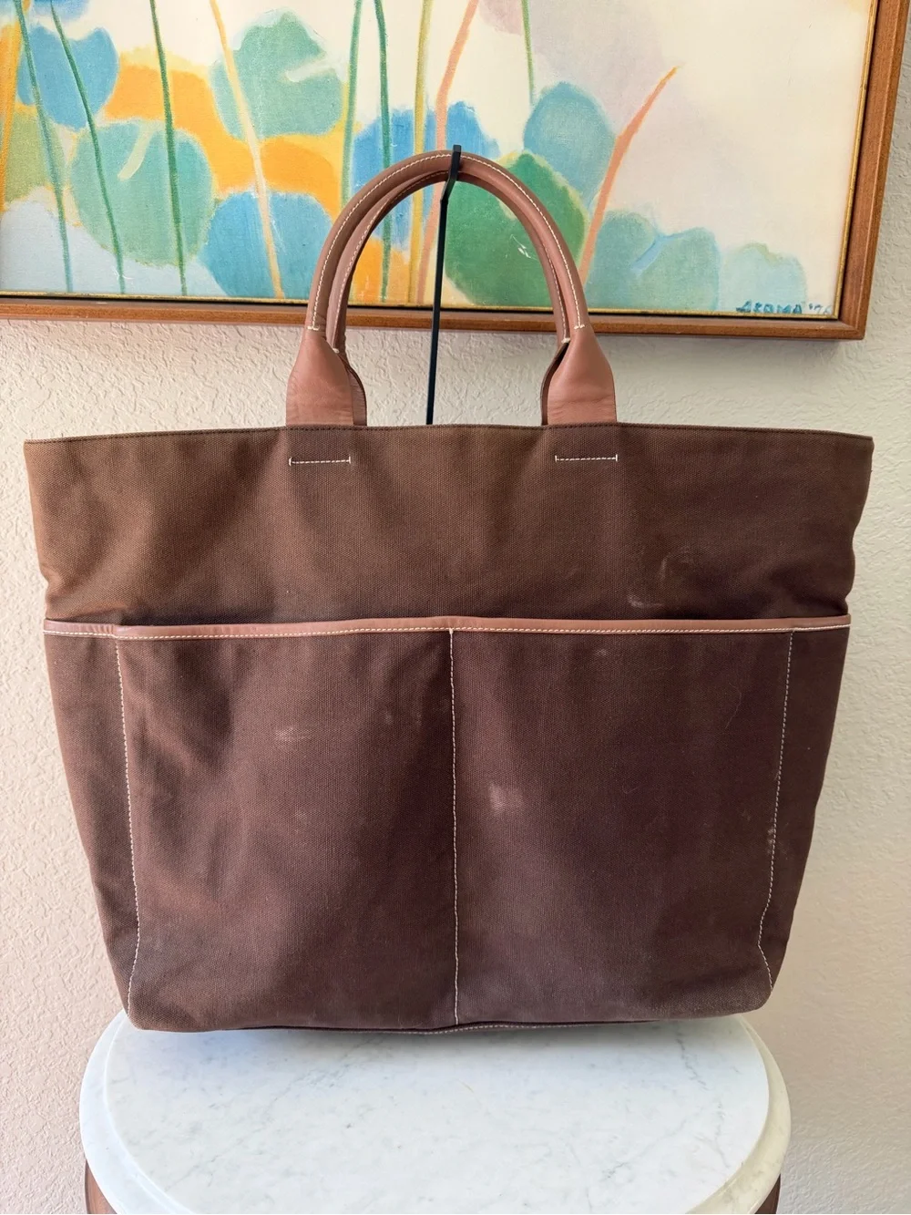Vintage 2003 Gap Brown Canvas Leather Trim Oversized Tote Weekender Bag